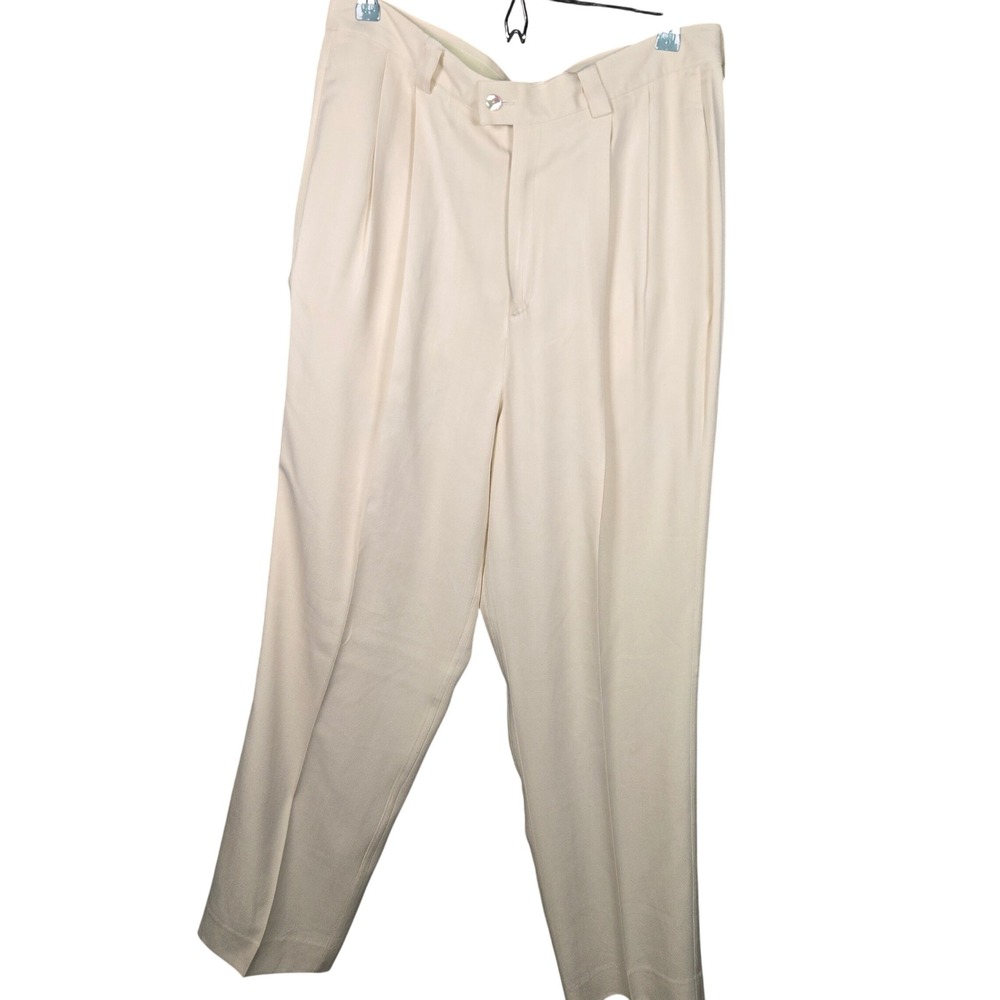 Tommy Bahama Womens 34" waist Cream 100% Silk Pleated Straight Leg Trousers Pant